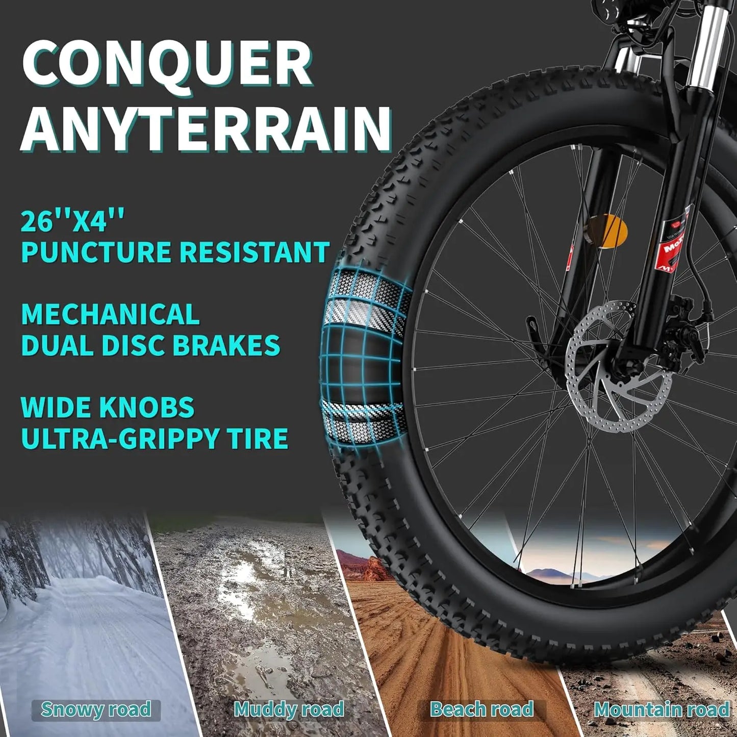 Electric Bike for Adults, Powerful 2000W Peak Motor, 26" Tires, 28MPH & 60 Miles Long Range, 48V 15Ah Removable, Customized