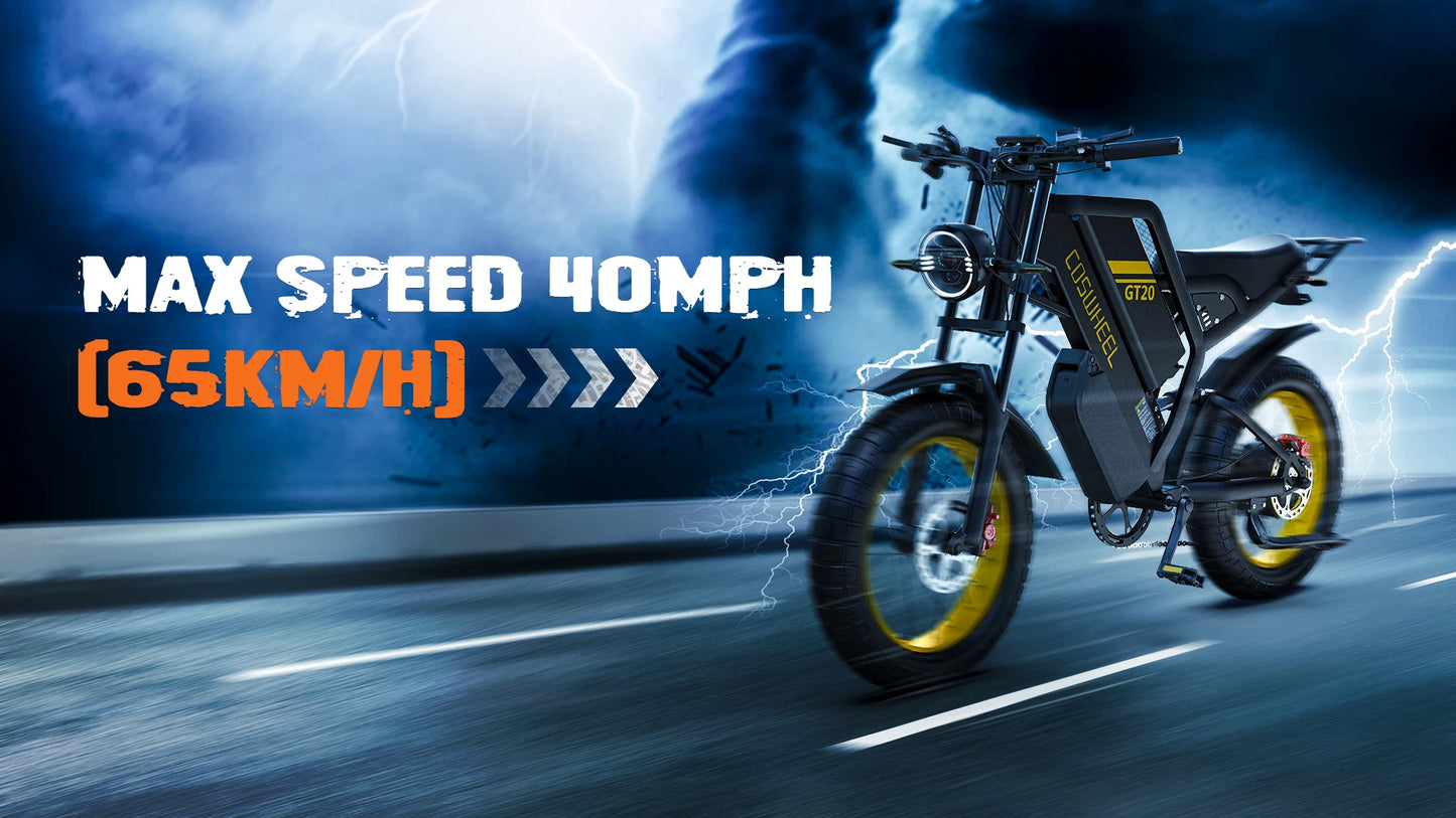 Electric Off-Road Bike COSWHEEL GT20 Max 20" 2000W 40Mph 60V 40AH(25+15) 140Mile 7 Speed Adult Unisex Full Suspension
