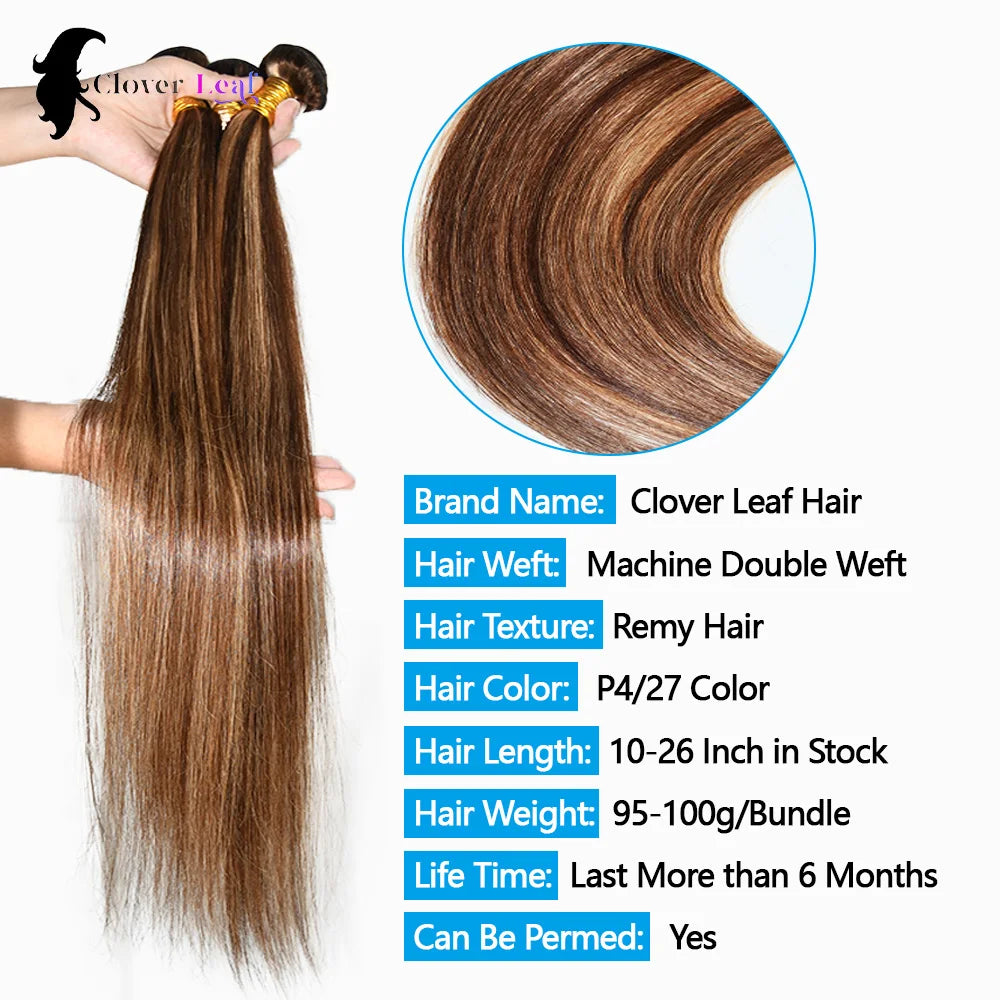 P4/27 Highlight Bundles Human Hair 22 24 26 Inch Straight Brazilian Raw Human Hair Bundles Brown Colored Remy Hair Extensions