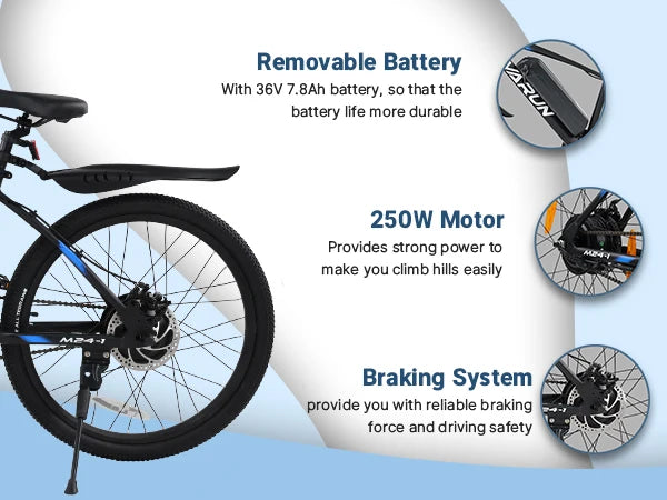 VARUN M24-1 E-Bike For Adults 250W Motor 36V 7.8Ah Battery Mountain Electric Bike 24 Inch Tires City Commuter Electric Bicycle