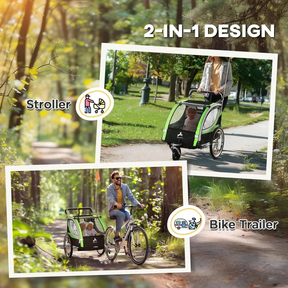 2-in-1 Walk/Ride Child Baby Bike Trailer for Kids 2 Seater, High-Visibility Bike Stroller for Toddler Wagon, Weather-Strong Dou