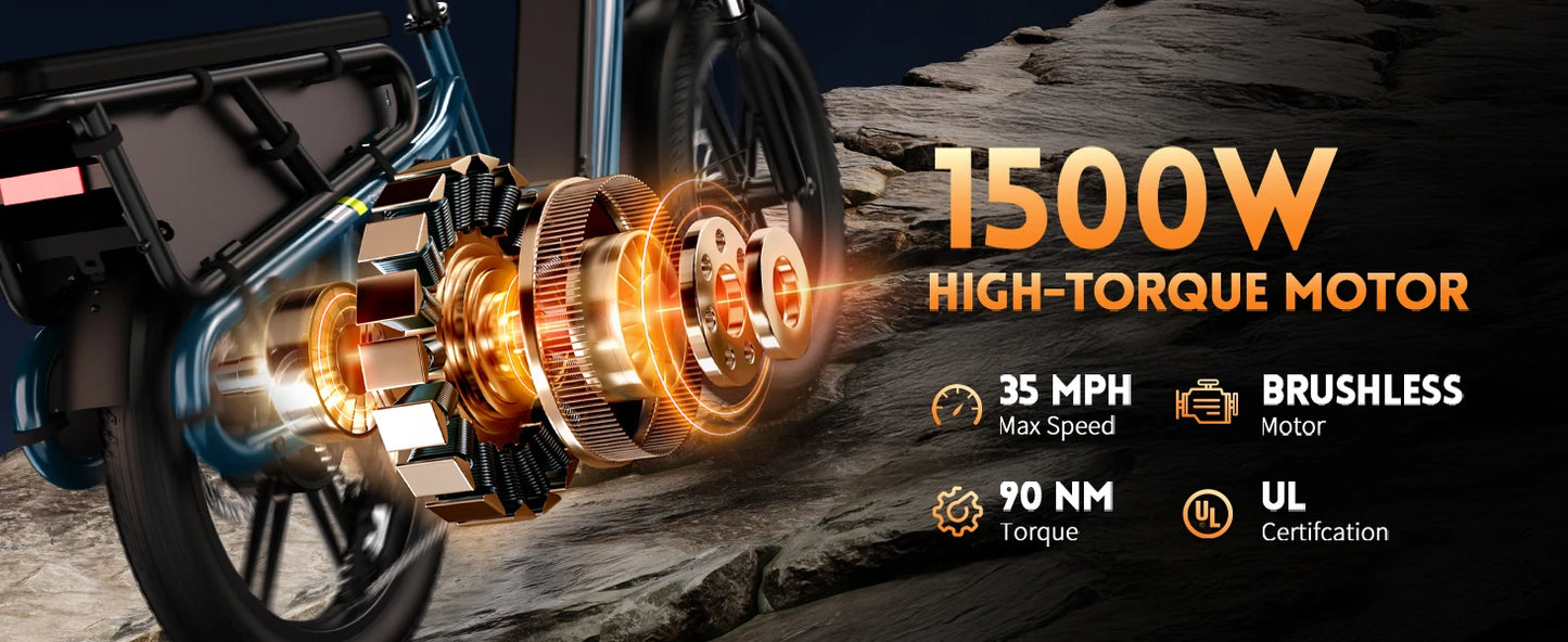 SISIGAD K008 Electric Bike 1500W motor, 28MPH speed, 80-mile range, 20" fat tires, 7-speed cargo e-bike.