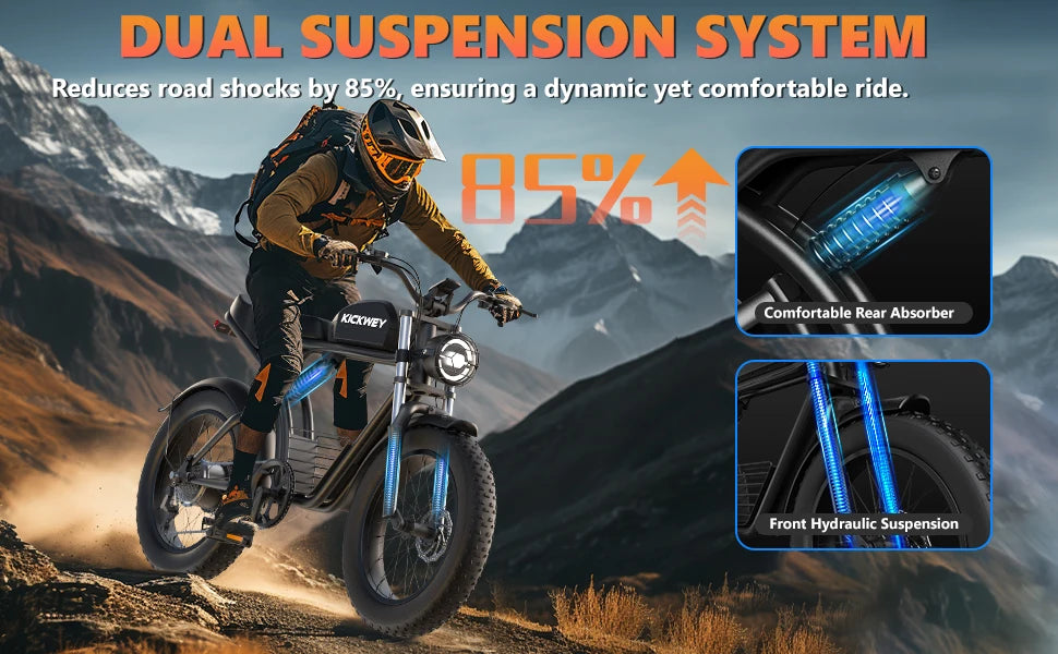 Kickwey K7 Adult Electric Bike 1500W Motor 7-Speed Dual Disc Brakes Full Suspension Ebike 20x4 Wide Tire 50-Mile  E Bike