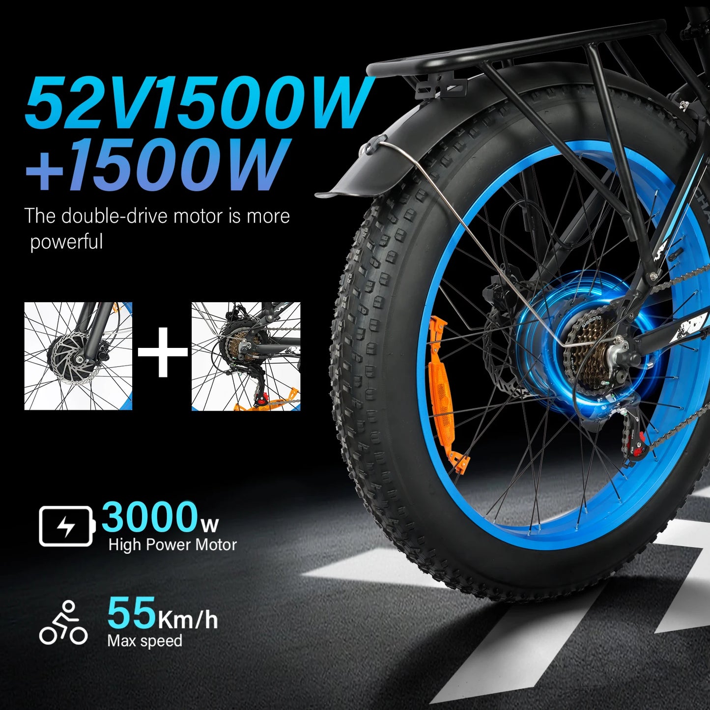 BAOLUJIE DP-2603 Adult E-bike 1500W*2 Motor 48V25Ah Battery Commute Electric Bike 26-inch Fat Tire E-Mountain Bike 21 Speeds