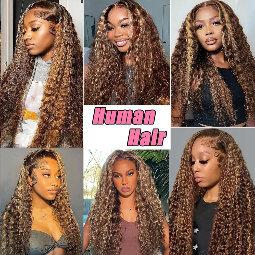 Ombre Highlight Curly Lace Front Human Hair Wigs 250% 13x4 HD Transparent Deep Wave Frontal Wig P4/27 5x5 Gluless Closure Wigs