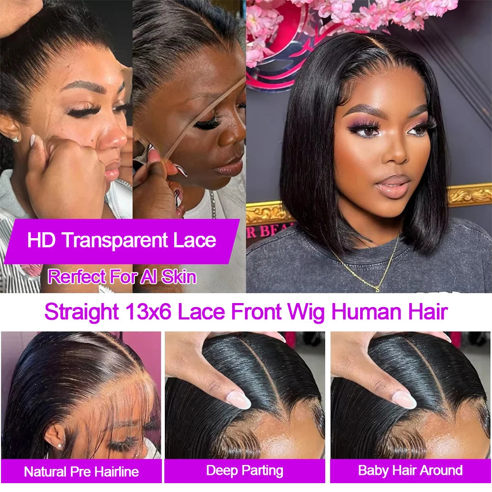 Glueless Bone Straight Short Bob Wig 13x4 13x6 HD Lace Front Wig 250% Density Brazilian Human Hair Pre Plucked For Black Women