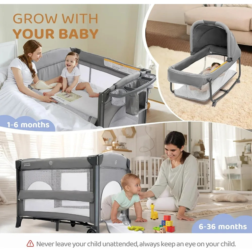 Twin Bassinet for Baby, Bedside Bassinet, Convertible to Bedside Sleeper and Playpen, with Wheel, Brake, Foldable Side Sleeper,