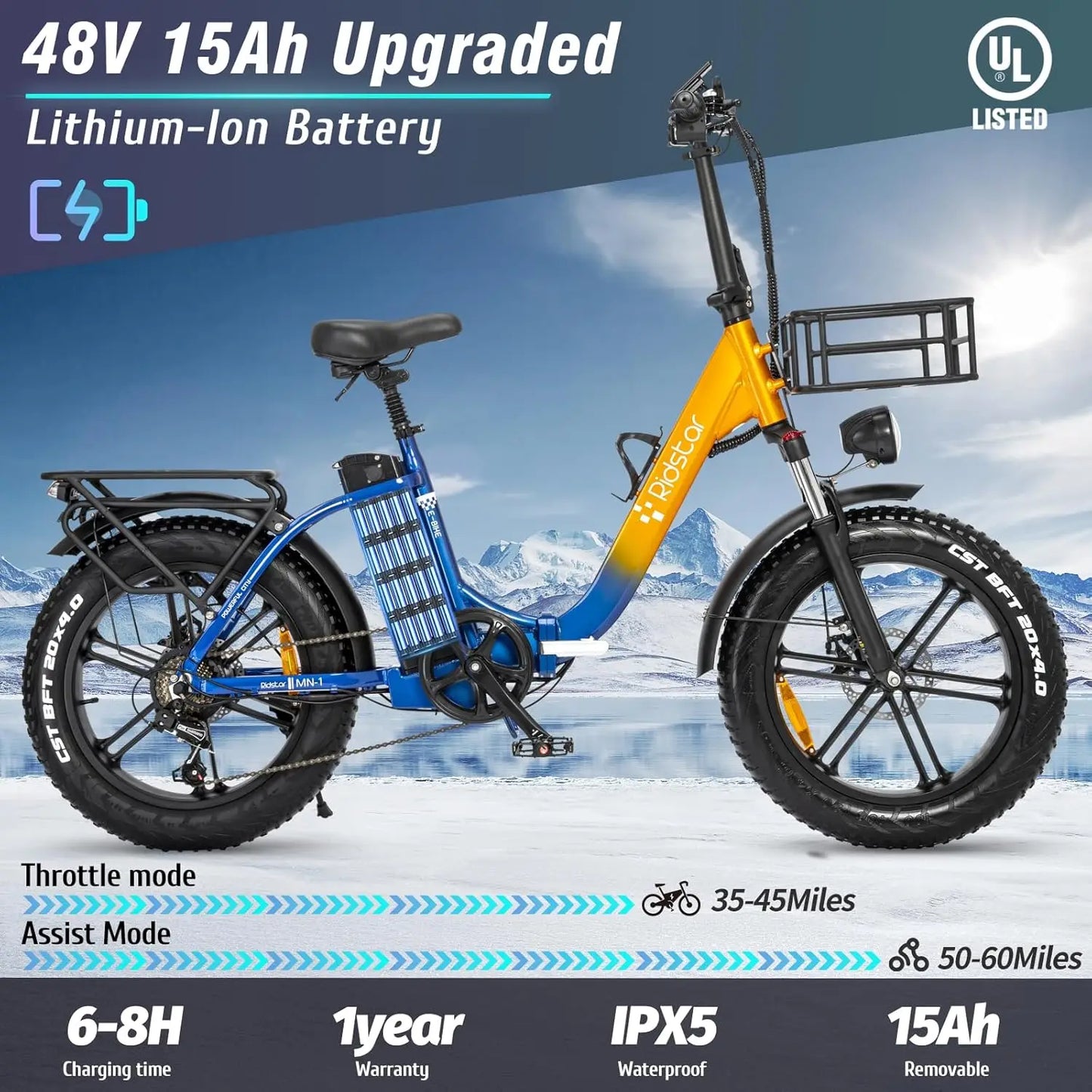 Ridstar Folding Electric Bike 1000W 30MPH 48V 15Ah Removable Battery 20" Fat Tire City Commuter Foldable EBike for Women UL2849