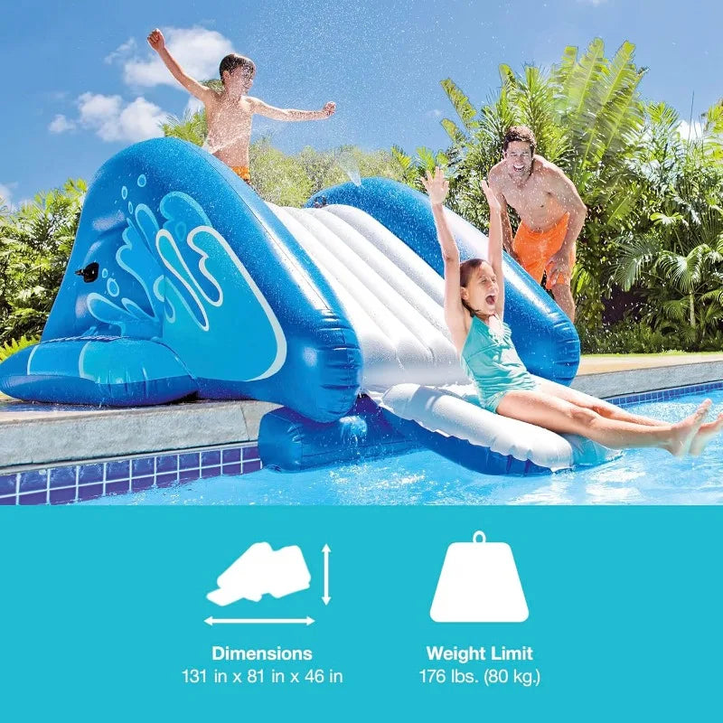 NEW Inflatable Water Slide Swimming Pool Play Center with Built in Sprayers for Kids and Adults, Ages 6 and Up, Blue