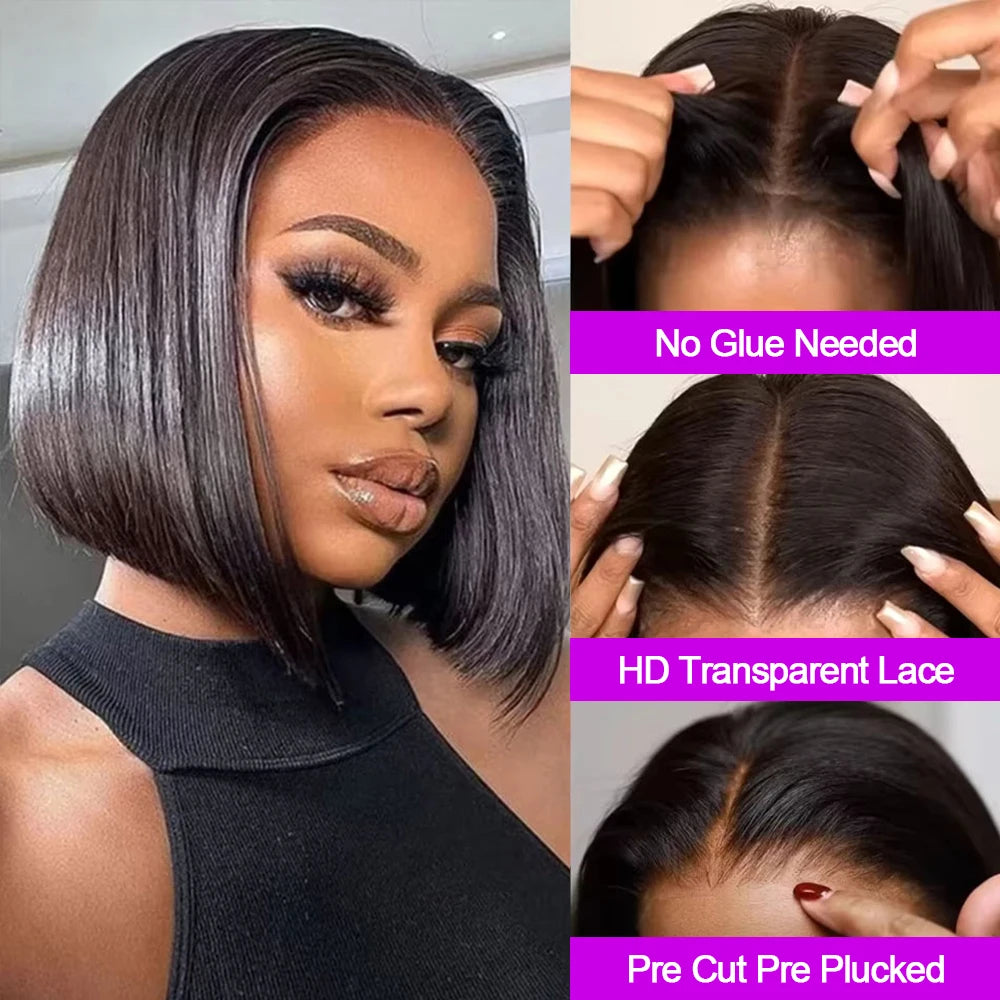 Glueless Bone Straight Short Bob Wig 13x4 13x6 HD Lace Front Wig 250% Density Brazilian Human Hair Pre Plucked For Black Women
