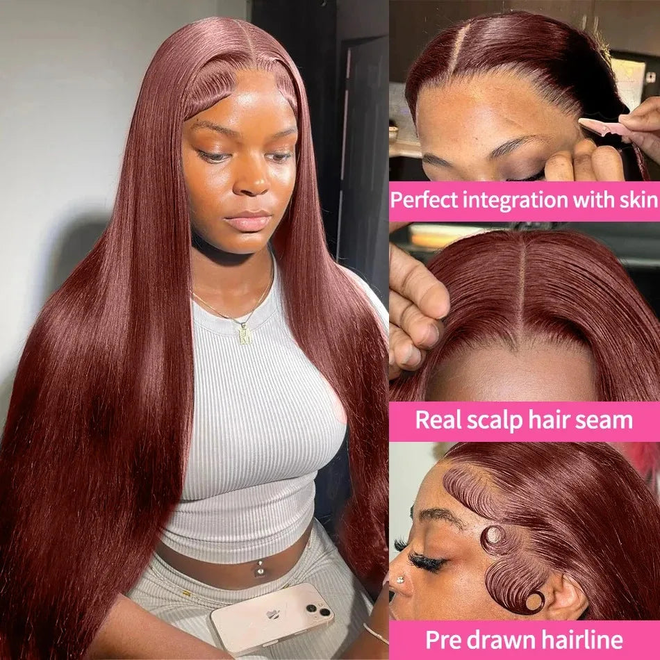 Reddish Brown 4x4 Lace Closure Wigs Human Hair 180% Density Straight Copper Red Lace Front Wig Auburn Brown Brazilian Hair