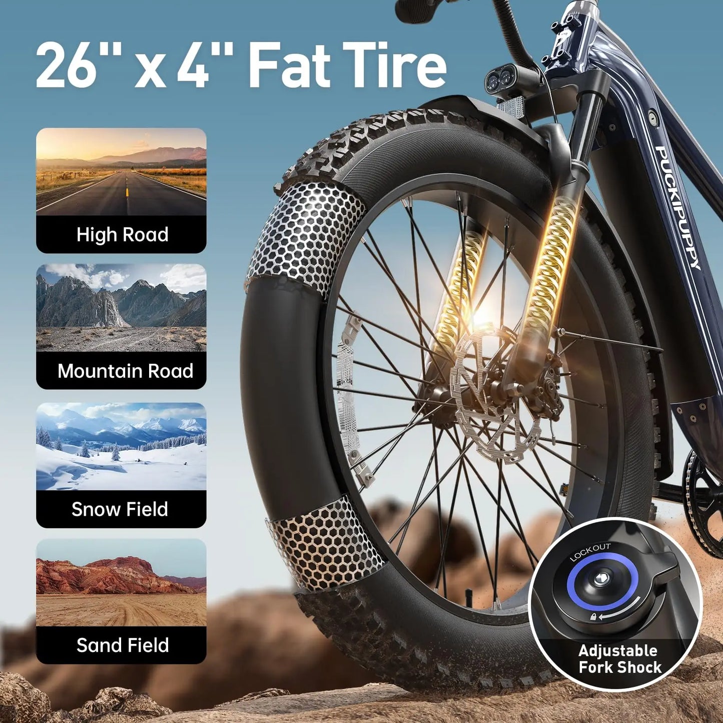 PUCKIPUPPY Beagle 2 Electric Bike With 960W Peak 26" Fat Tire Electric Mountain Bike 28MPH 48V 15AH Removable Battery Ebike