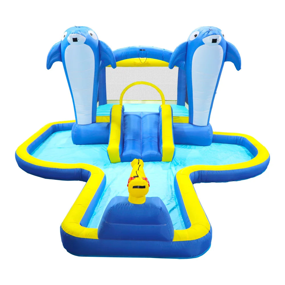 6 in1 Inflatable slide water park trampoline bouncing house outdoor garden with  Dolphin sprinkler & Target games & Water gun