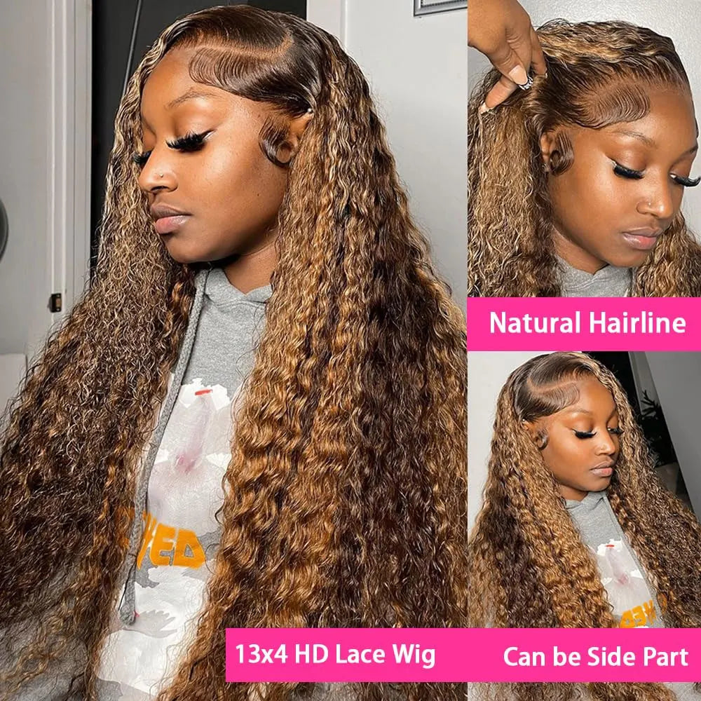 Ombre Highlight Curly Lace Front Human Hair Wigs 250% 13x4 HD Transparent Deep Wave Frontal Wig P4/27 5x5 Gluless Closure Wigs
