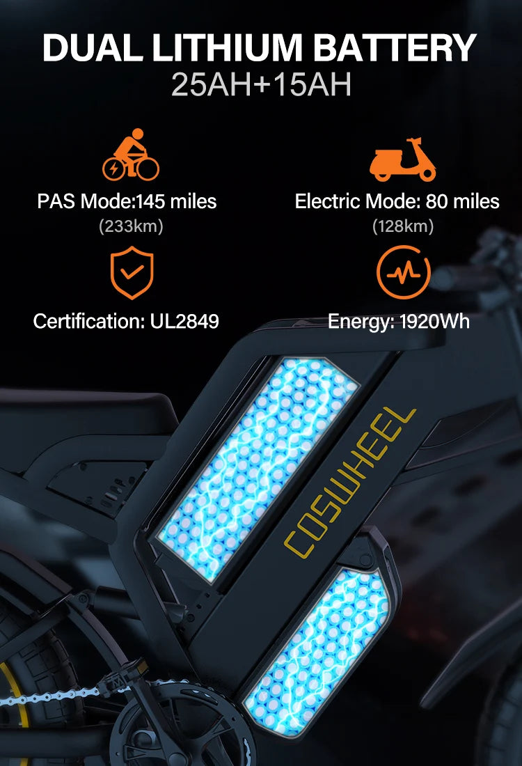 COSWHEEL GT20 Pro Dual motors E-Mountain bike 48V 25+15Ah Dual batteries Dual suspension 20" Fat Tire Off-Road Adult E-bike