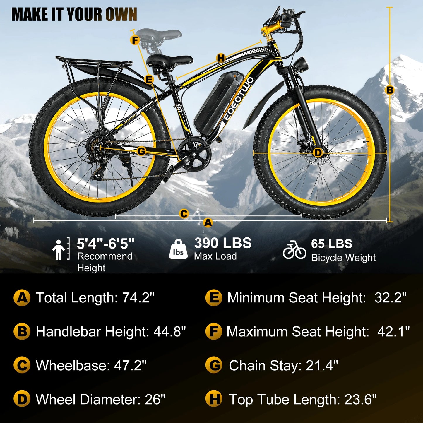 EOEOTWO E01 Electric Bike Adults,1500W Ebike,34MPH 60Miles Electric Mountain Bike,26" Fat Tire Electric Bicycle+1 Year Warranty