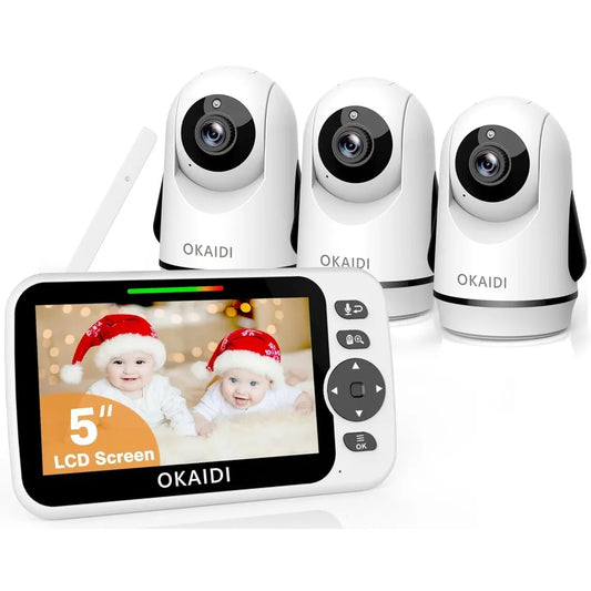 Video Baby Monitor with 3 Cameras, 5" Display Baby Monitor No WiFi, 30H Battery and 1000ft Range, 2-Way Talk, 8 Lullabies, Remot
