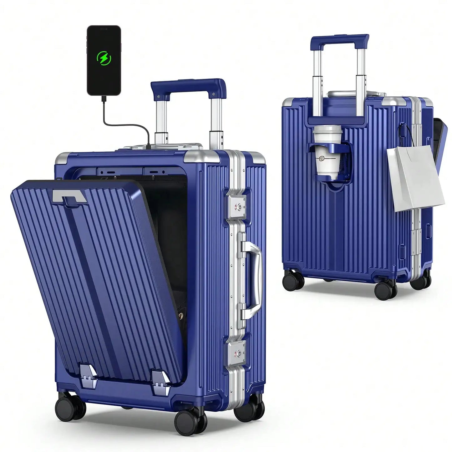 Aluminum Framed Carry On Luggage, Airline Approved 22x14x9" Suitcase with Spinner Wheels, Front Laptop Compartment & Cup Holder