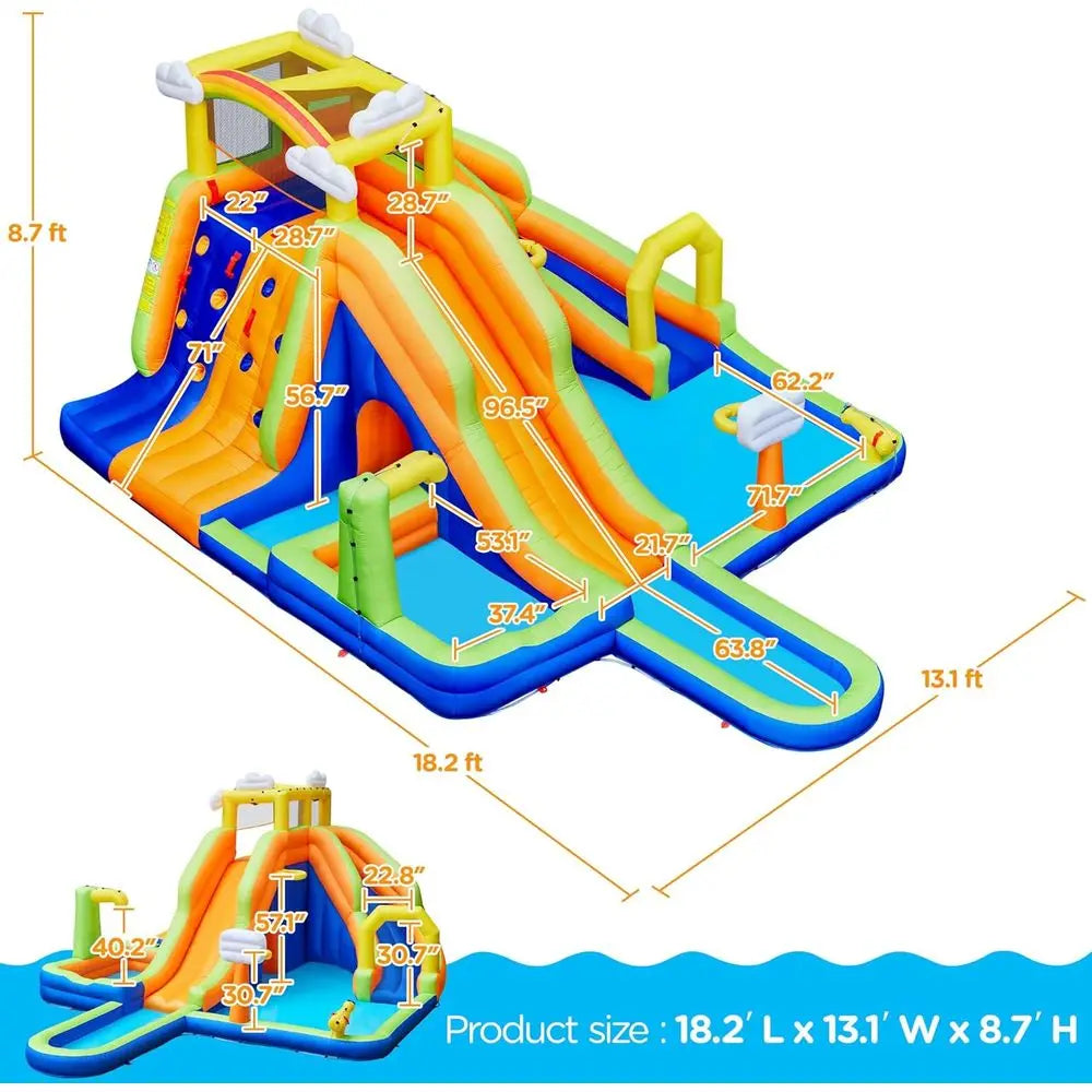 10-in-1 Rainbow Combo Water Slide with 2 Pools, Climbing Wall, Tunnel, and Double Slides for Kids 3-10 Years, 650W Blower Includ