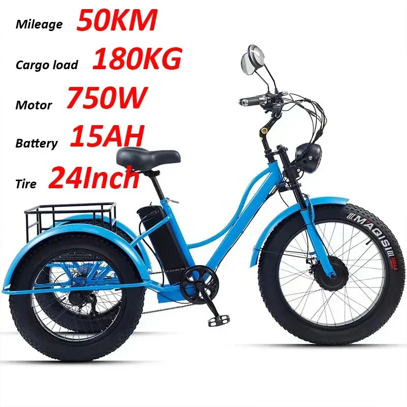 New Electric Tricyle Adult Electric Bicycle 24Inch Fat Tire 750W48V15AH Mobile Battery Mountain Ebike 3Wheel Electric Cargo Bike