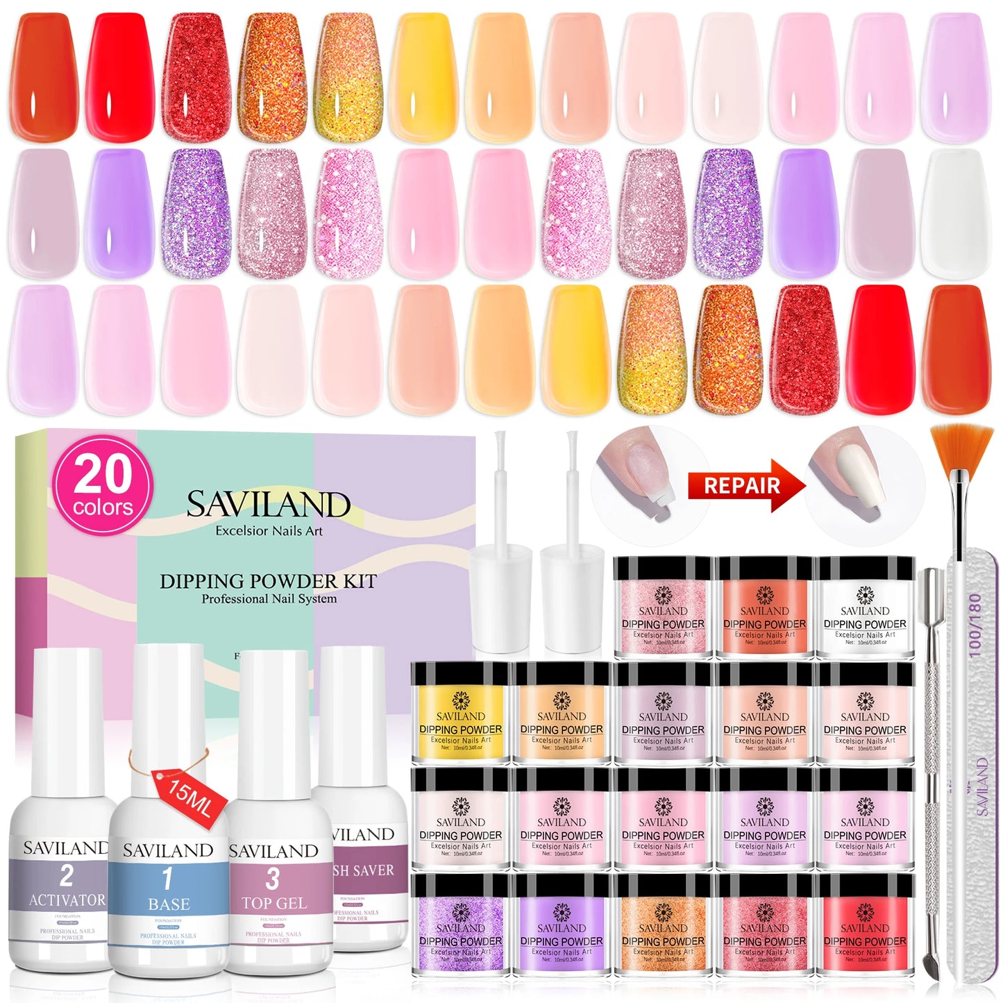 Saviland 20 Colors Dipping Powder Acrylic Powder Dip Powder Liquid Set with Base Top Coat Natural Dry Long Lasting Nail Art