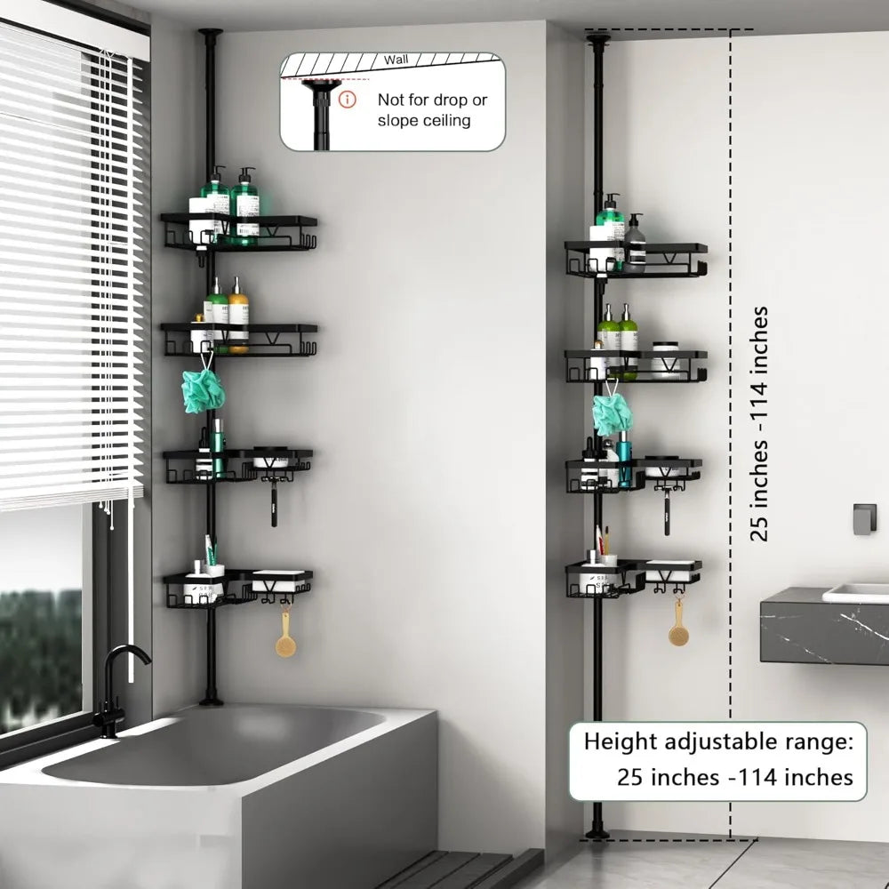 Corner Shower Caddy Tension Pole - 4 Tier Stainless Steel Rustproof Shower Corner Caddy for Bathtub Bathroom Shower Organizer