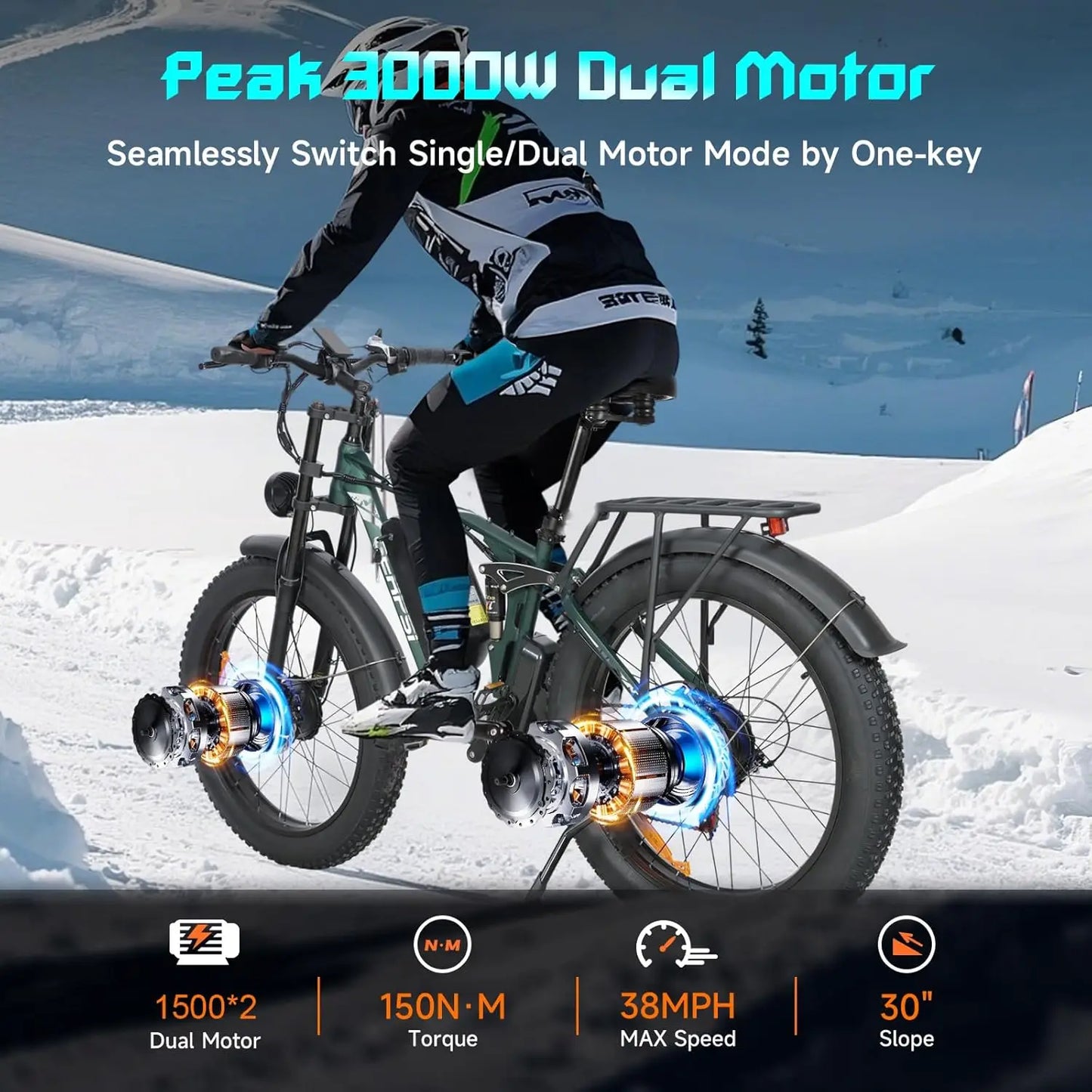BAOLUJIE 2603 Electric Bike Adults Ebike 52V 32AH Removable Lithium Battery Max Speed 35MPH Range 34-41 Miles【1 Year Warranty】