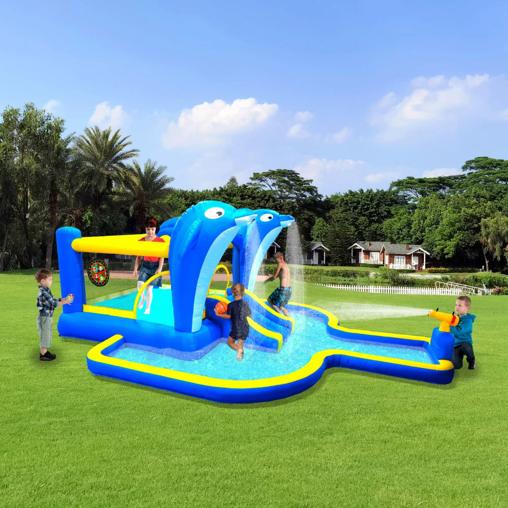 6 in1 Inflatable slide water park trampoline bouncing house outdoor garden with  Dolphin sprinkler & Target games & Water gun