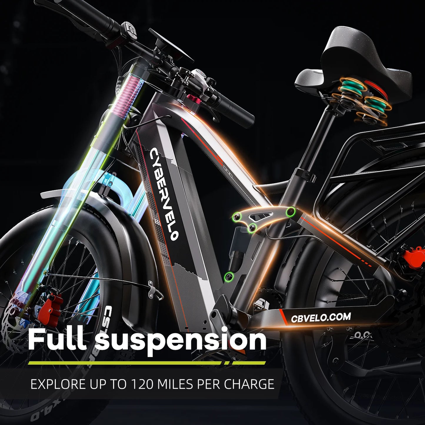 Cybervelo Power EK9 5000w Motor Commute & Off Road Electric Bike, 100 Miles+ Long Range, 26"x4.0” Fat Tire, 52V 40Ah Battery