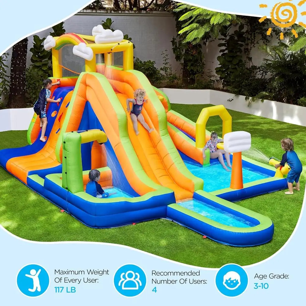 10-in-1 Rainbow Combo Water Slide with 2 Pools, Climbing Wall, Tunnel, and Double Slides for Kids 3-10 Years, 650W Blower Includ