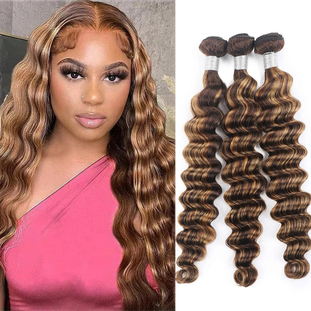 Highlight 30 inch Brown Indian Curly Raw Human Hair Bundles P4/27 Loose Deep Wave Colored Hair Bundles Weave Women Remy Hair