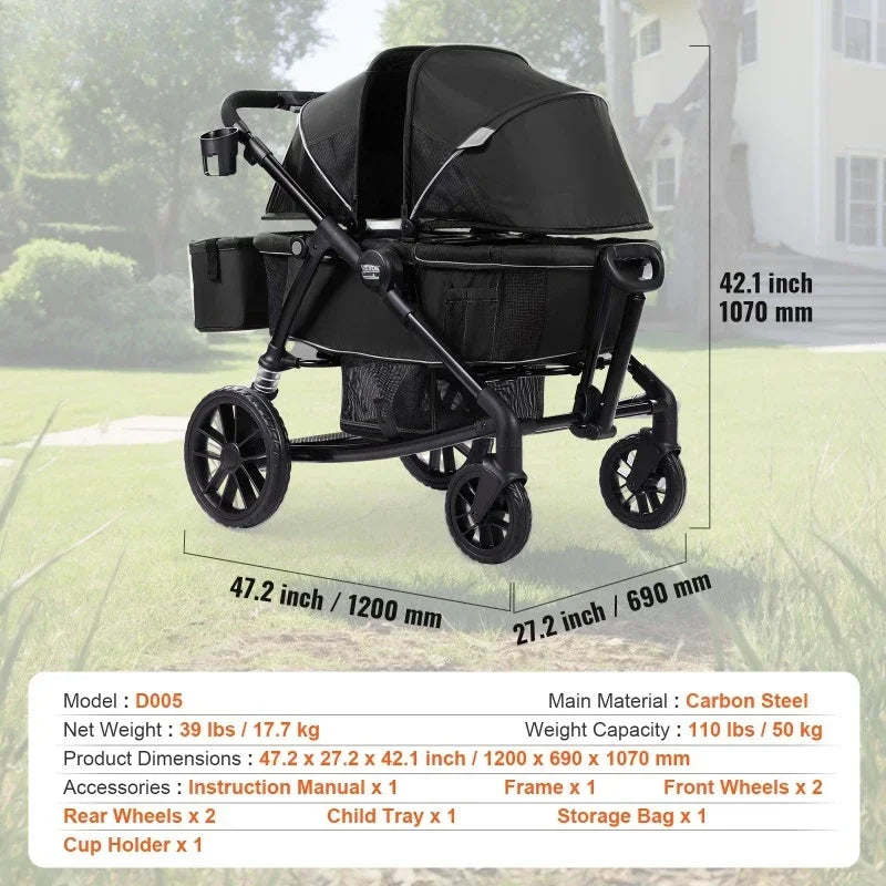 All-Terrain Stroller Wagon, 2 Seats Foldable Expedition 2-in-1 Collapsible Wagon Stroller, Includes Canopy, Parent Organizer