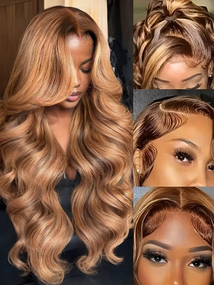 250 Density Highlight Ombre 100% Human Hair 13x6 HD Lace Frontal Wigs Body Wave 13x4 Lace Front Wig Water Loose Brown Brazilian