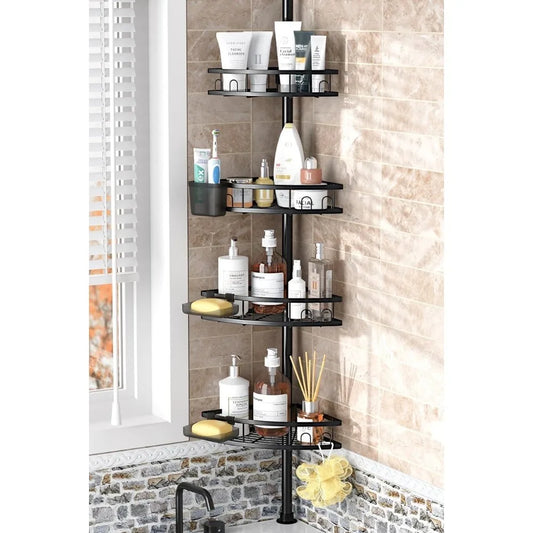 Tension Pole Shower Caddy Corner: Adjustable 4tier Bathroom Organizer Shelves - Rustproof Bathtub Shampoo Rack 43.5-120 inch