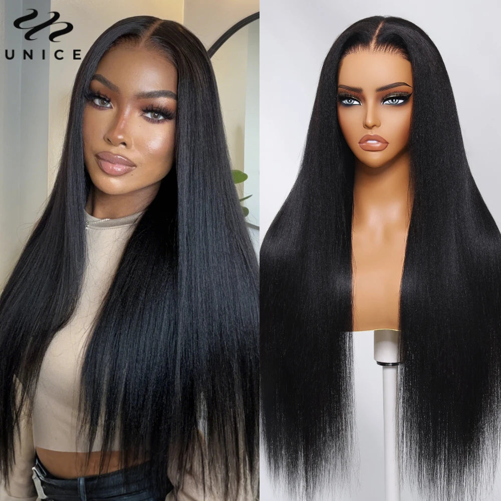 UNice Hair Natural Color Yaki Straight Human Hair Wig Pre Cut Pre Bleached 7x5 Lace Glueless Wig & V Part Wig 150% Density