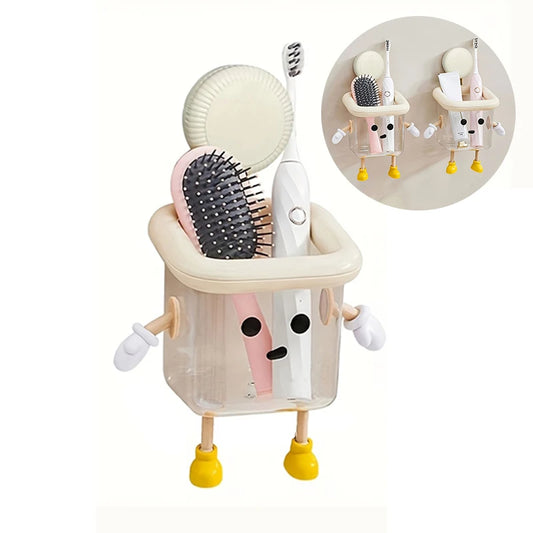 1pc Cartoon Bathroom Toothbrush Holder, Wall-Mounted No-Drill Suction Cup Storage Box, Cute Home Decor Plastic Organizer