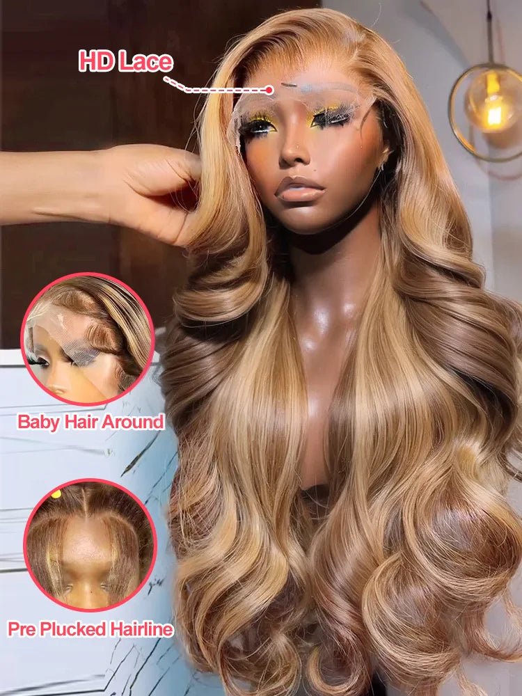 250 Density Highlight Ombre 100% Human Hair 13x6 HD Lace Frontal Wigs Body Wave 13x4 Lace Front Wig Water Loose Brown Brazilian