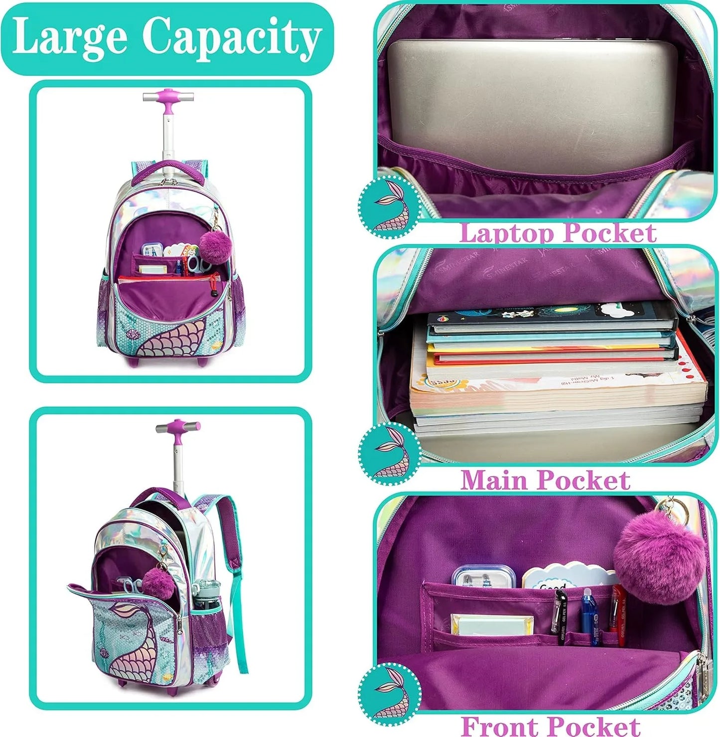 Mermaid Rolling Backpack for Gilrs Backpacks with Wheels for Elementary School Bag Trolley Trips Luggage with Lunch Box