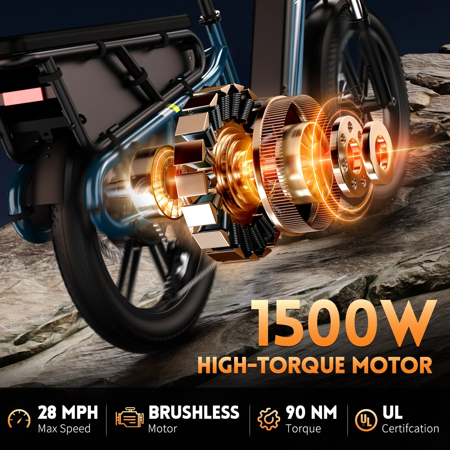 SISIGAD K008 Electric Bike 1500W motor, 28MPH speed, 80-mile range, 20" fat tires, 7-speed cargo e-bike.