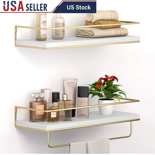 Wall Mounted Floating Shelves Set of 2 with Golden Towel Rack Decorative Storage Organizer Bathroom Kitchen Living Room
