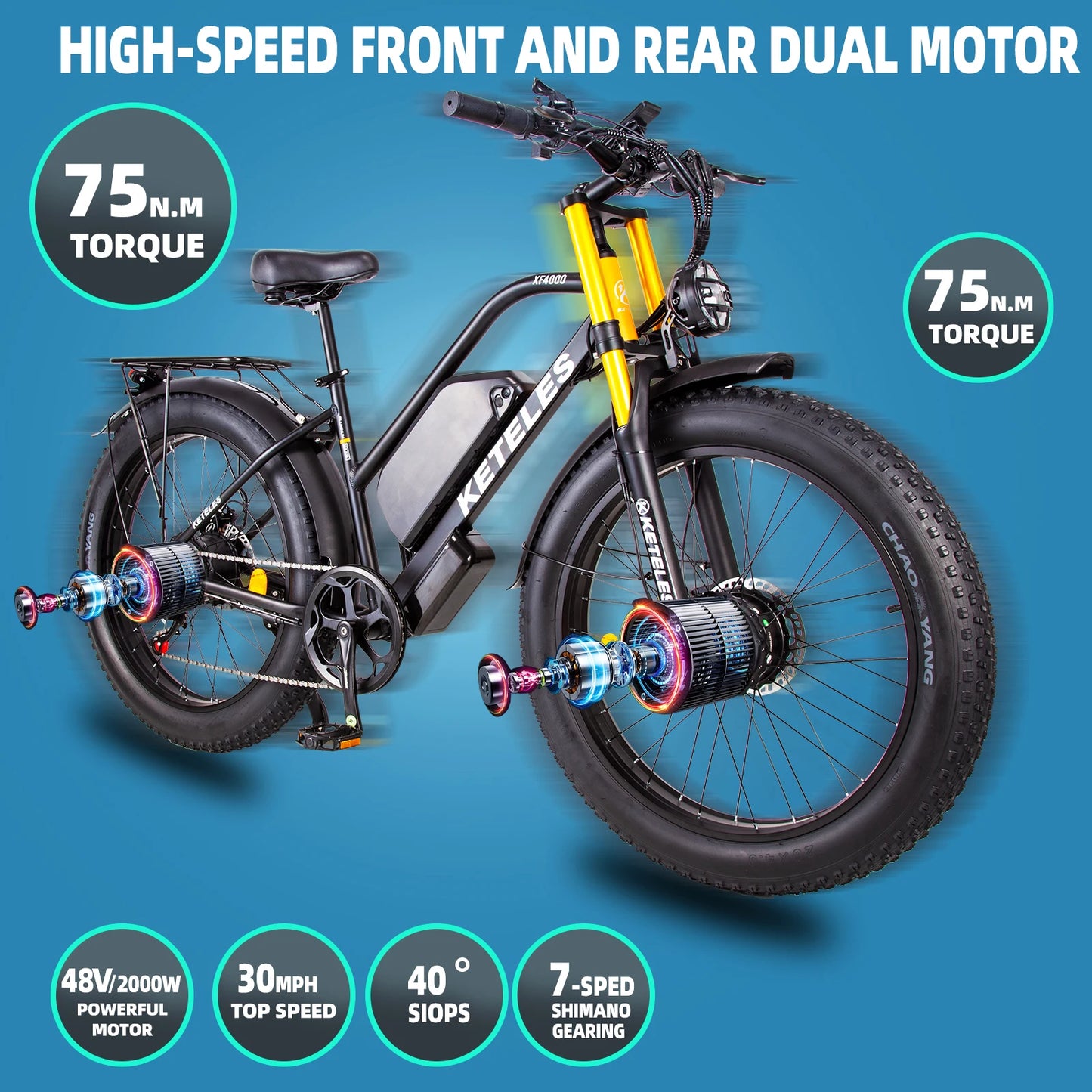 2000w Dual Motor 23ah E-bike KETELES Brushless 30MPH Aluminium Alloy 26 inch Hydraulic Disc Brake with Power Cut-off Feature