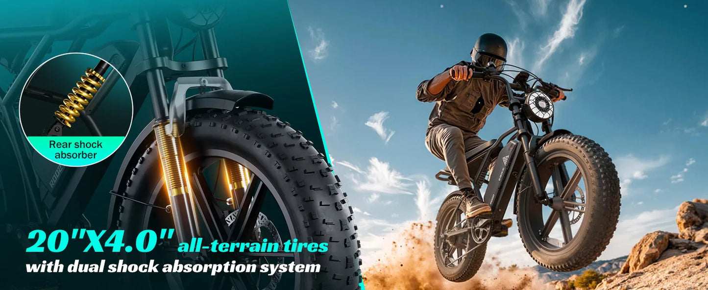 TST R002S 1500W e-bike, 20" fat tires, 60-mile range, 28MPH, 48V 15Ah battery, for all terrains.