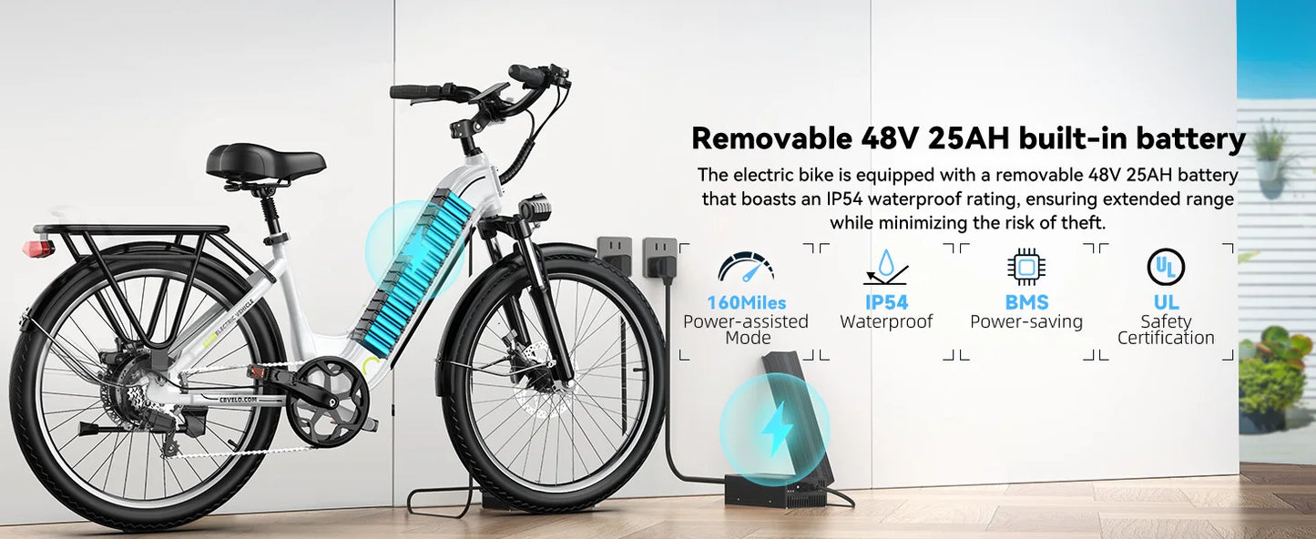 Cybervelo EK7 1000 Peak Electric Bike,80 Miles Removable Battery Ebike, 26" Electric E Bike with 7-Speed,Adult Electric Bicycles