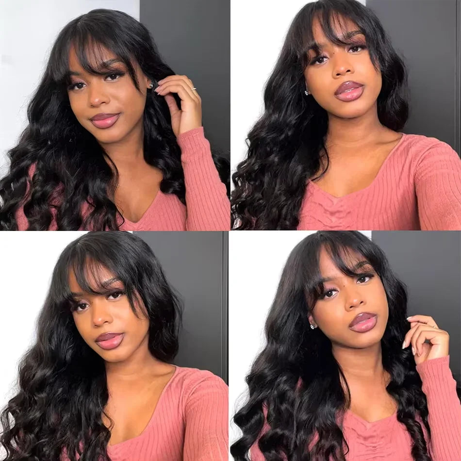 3x1 Lace Middle Part Body Wave Human Hair Wig With Bangs Brazilian Remy Loose Wave Machine Made Fringe Wig For Women on Sale