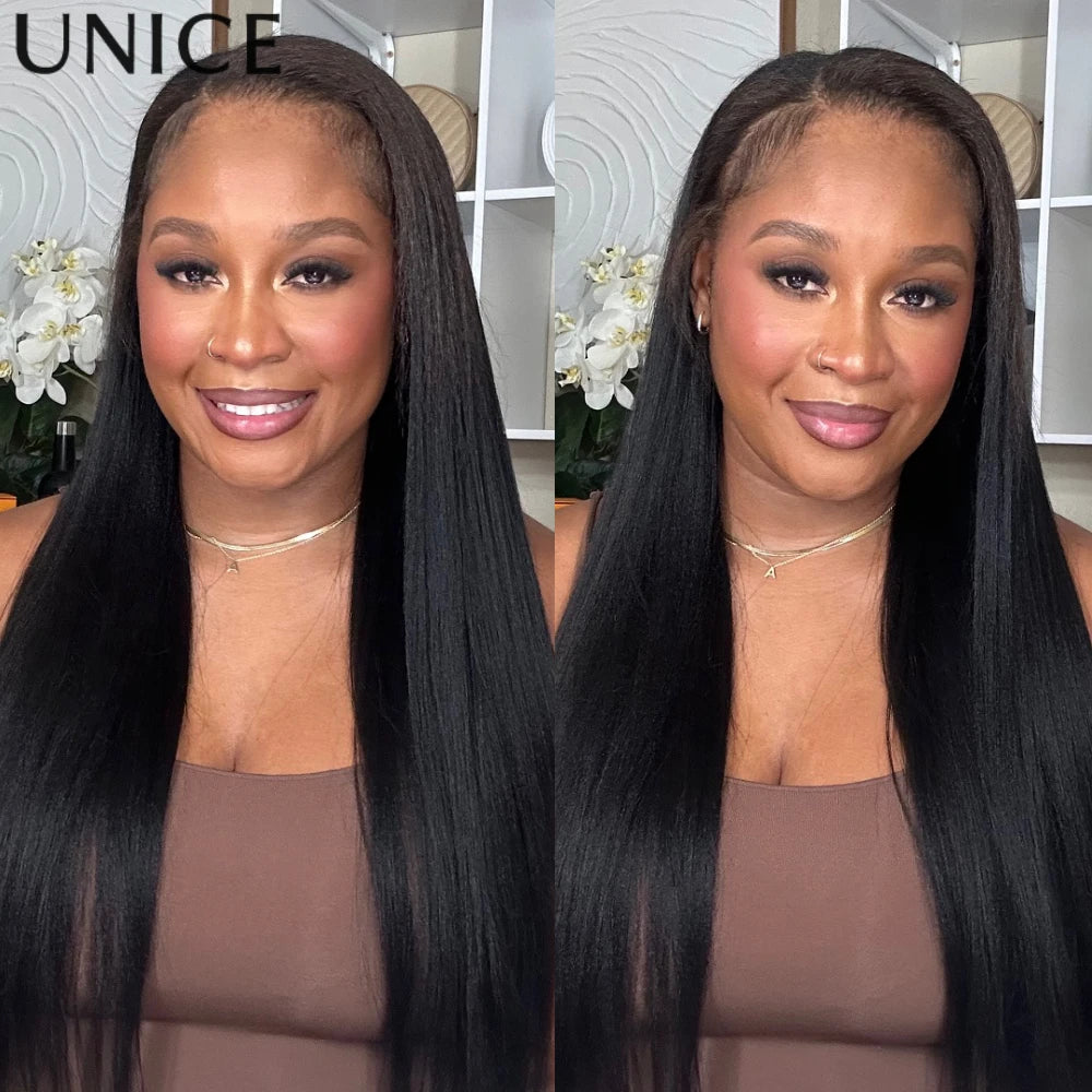 UNice Hair Natural Color Yaki Straight Human Hair Wig Pre Cut Pre Bleached 7x5 Lace Glueless Wig & V Part Wig 150% Density