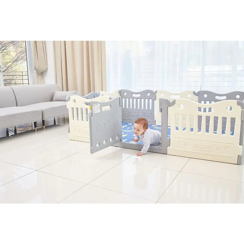 Sell like hot cakes Play Pen - Extra Large Baby Play Yard - Play Pen for Baby - Safe with Double Locking (Grey, Full Set)
