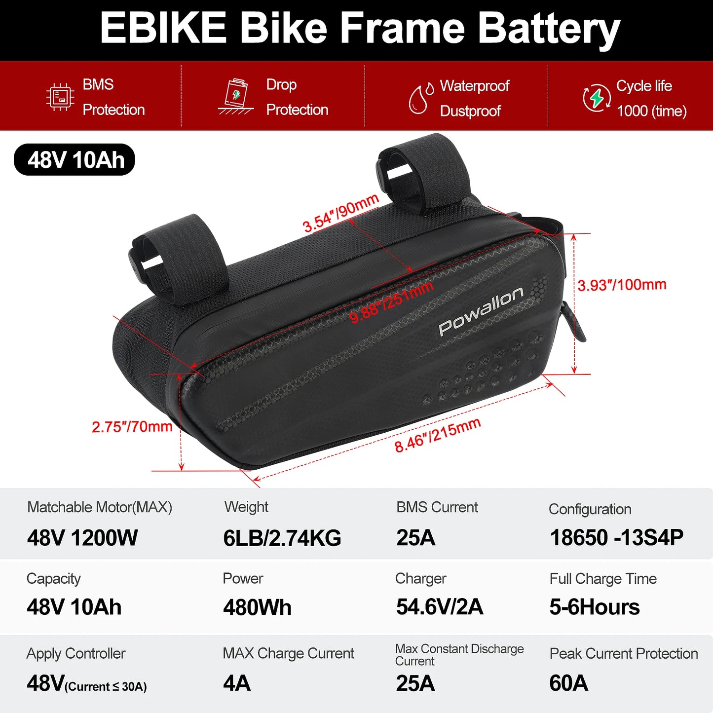 36V 48V EBIKE Battery - 10AH 13AH 20AH Options, E-Bike Triangle Battery with Hard Case Waterproof Case Bag, A+ Branded Cells