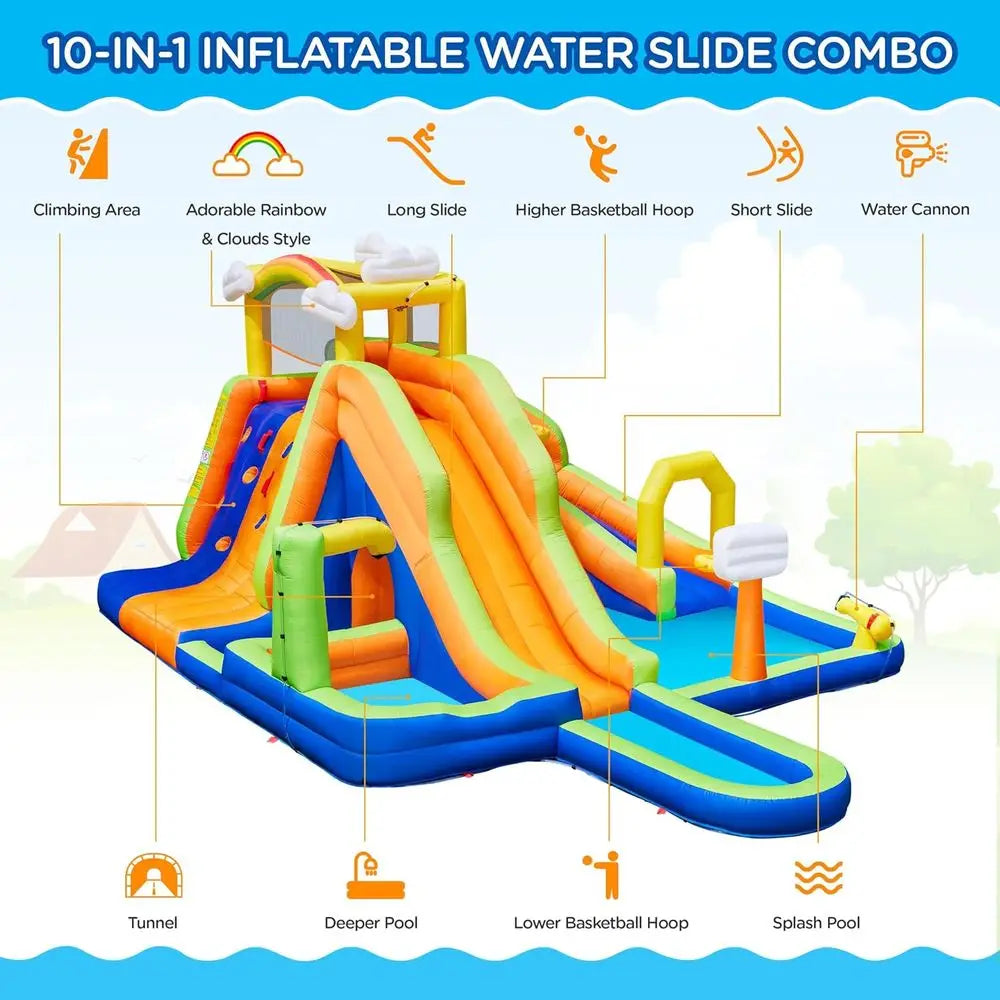 10-in-1 Rainbow Combo Water Slide with 2 Pools, Climbing Wall, Tunnel, and Double Slides for Kids 3-10 Years, 650W Blower Includ