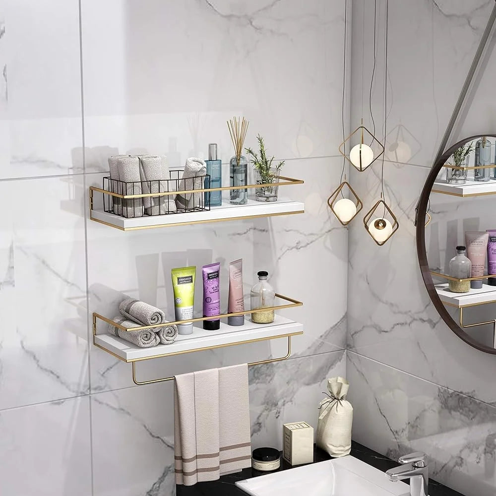 Wall Mounted Floating Shelves Set of 2 with Golden Towel Rack Decorative Storage Organizer Bathroom Kitchen Living Room