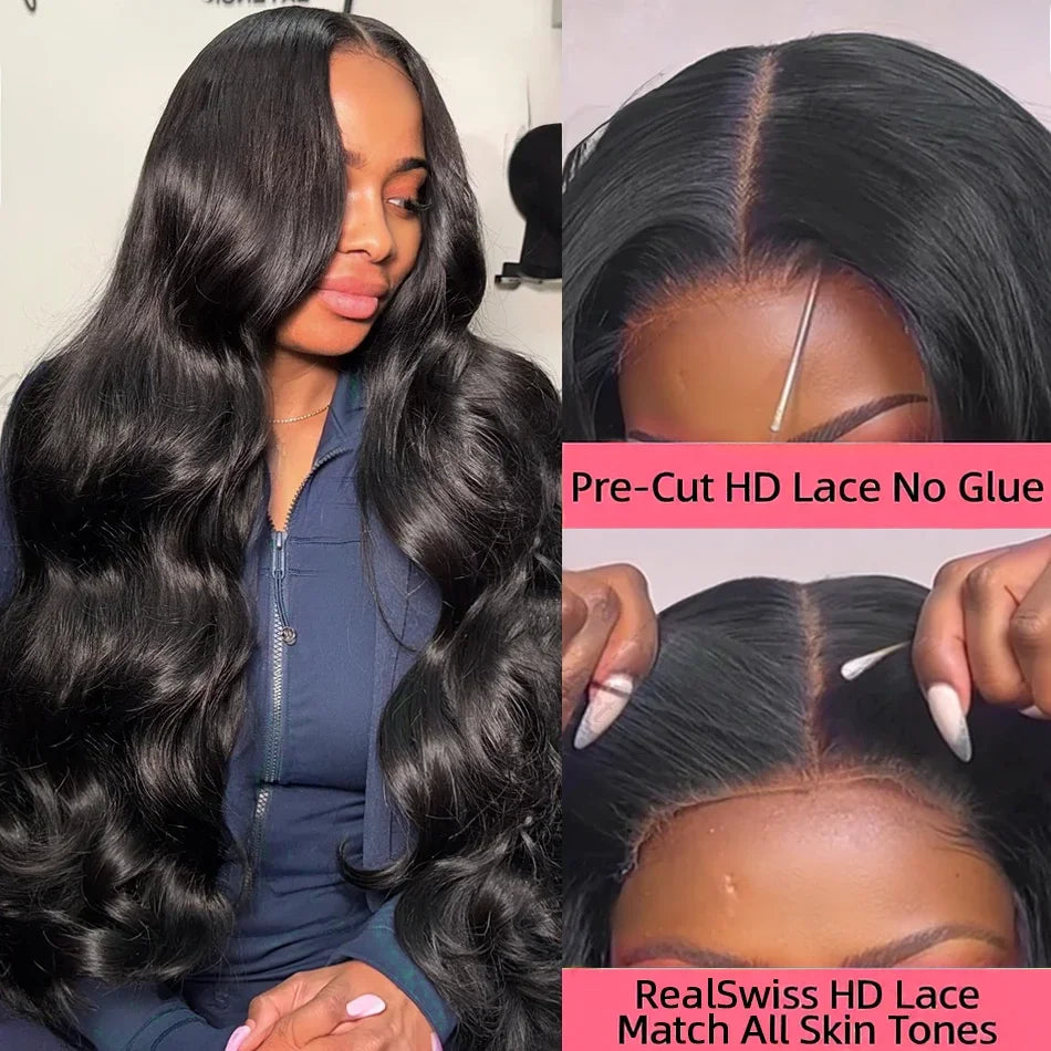 250 Density 100% Human Hair Body Water Wave 5X5 Glueless Lace Frontal Wigs 13x6 HD Lace Front Wig 40 Inch Natural Black Clourse